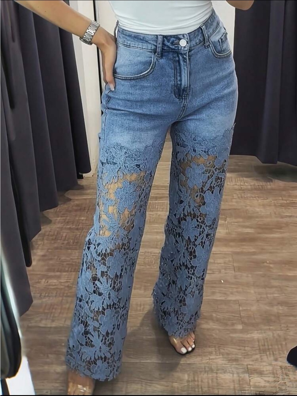 Lace-Panel Wide Leg Jeans - Blue XL